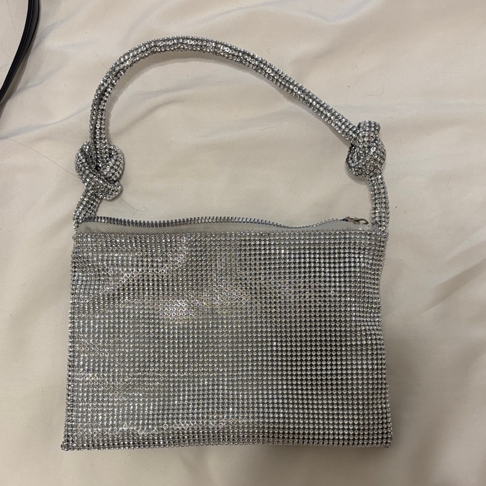 Silver Crystal Rhinestone Knotted Handle Clutch